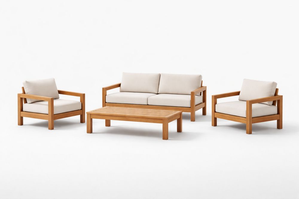 Outdoor Teak Wood Sofa Set with Beige Cushions