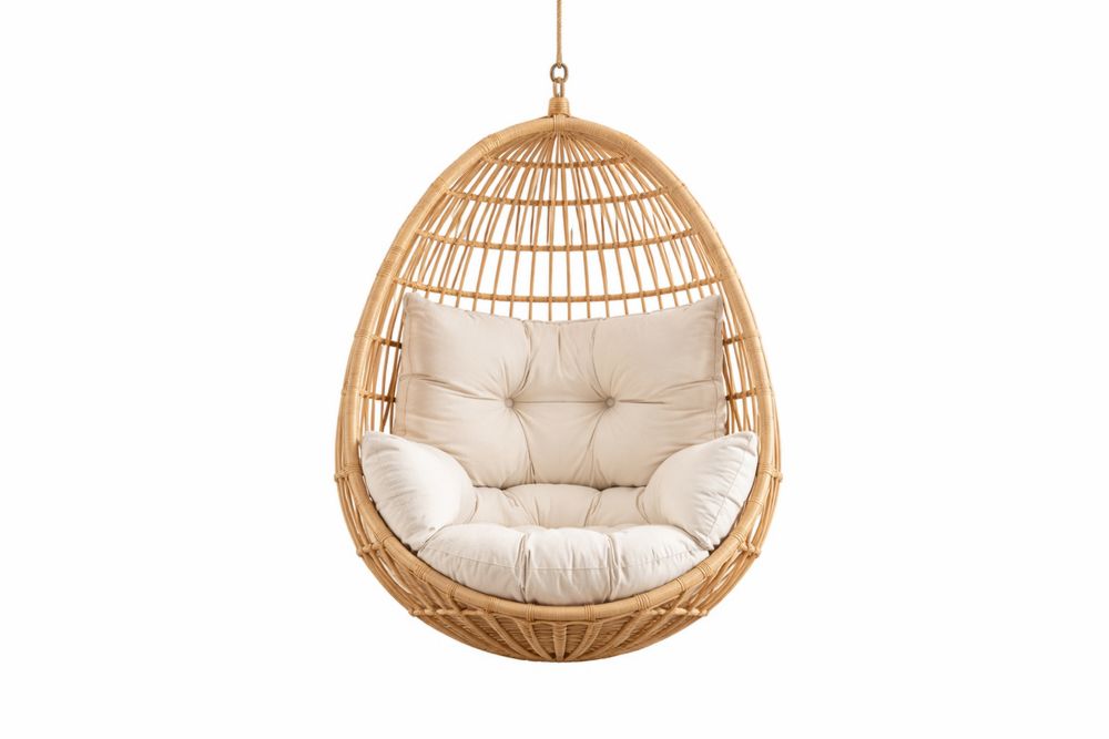 Rattan Hanging Egg Chair with Cream Cushion, Indoor Outdoor, 105x75x65 cm