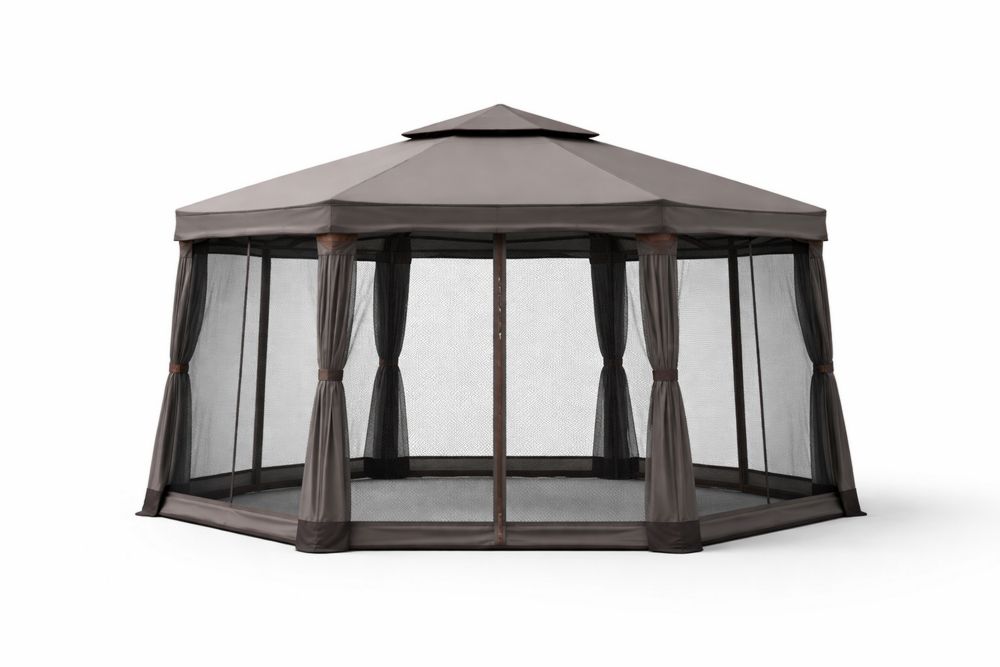 Hexagonal Outdoor Gazebo with Mosquito Netting Brown 350x350x265 cm