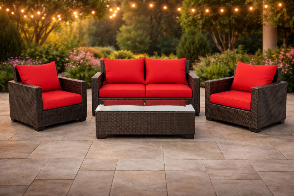 Outdoor Patio Furniture Set Wicker Sofa and Chairs with Red Cushions
