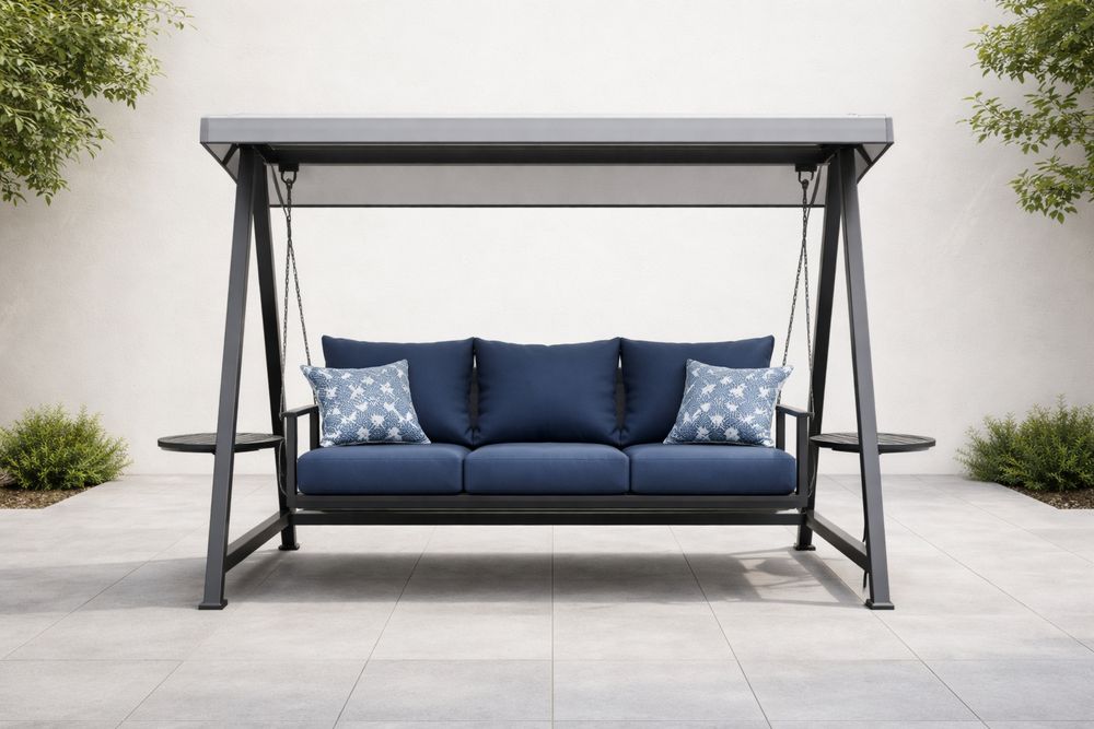Outdoor Steel Frame Canopy Swing with Navy Cushions