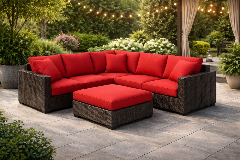 Outdoor Wicker Patio Sectional Set with Red Cushions