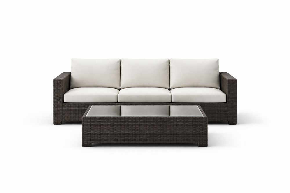 Outdoor Wicker Sofa Set with Cushions and Glass Coffee Table - Beige/Brown