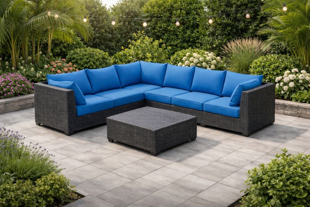 Outdoor Sectional Sofa Set with Blue Cushions and Coffee Table