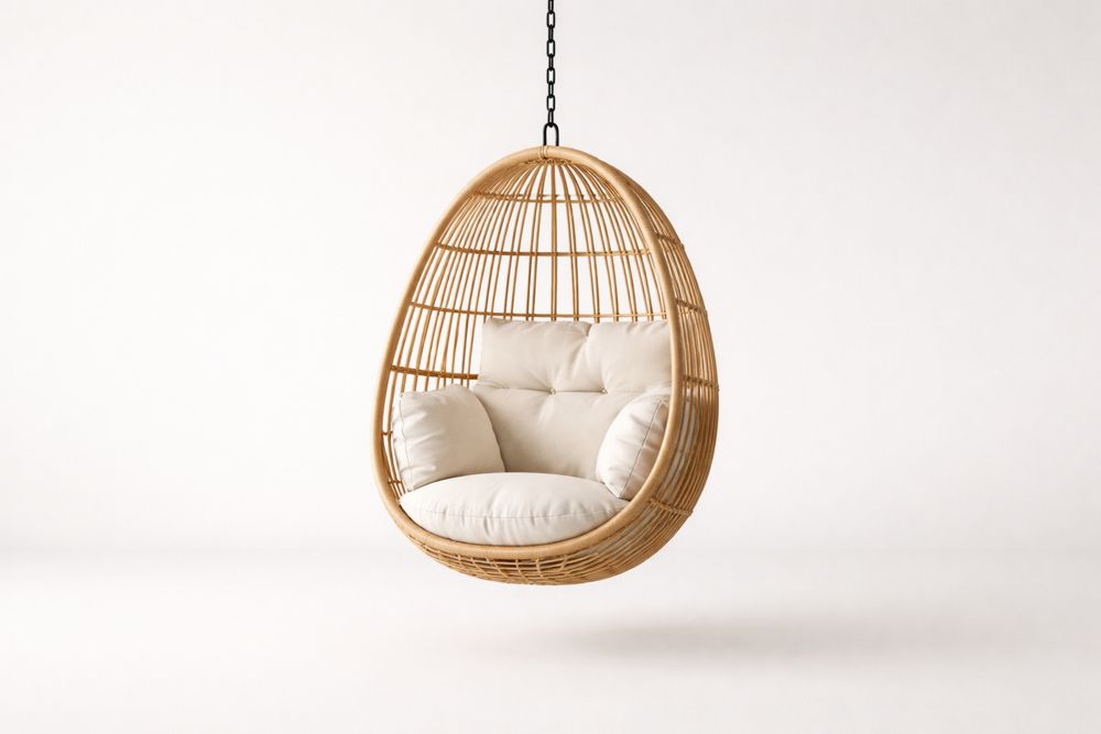 Rattan Hanging Egg Chair with Beige Cushions
