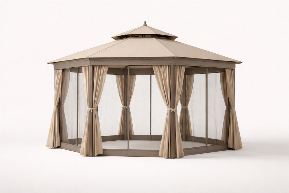 Hexagonal Gazebo Beige Polyester Steel Frame with Mesh Curtains