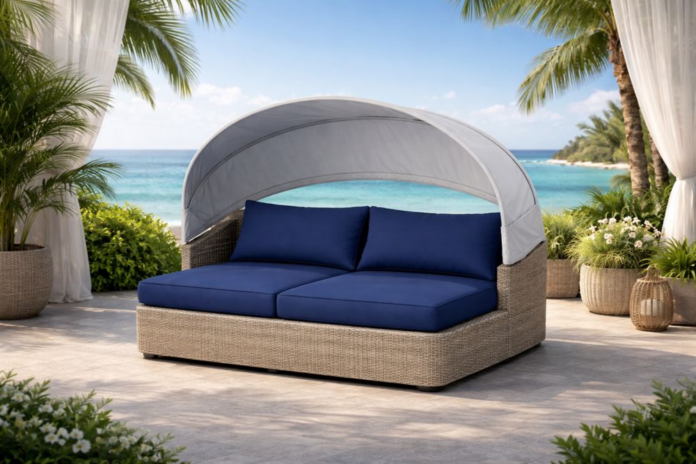 Outdoor Wicker Daybed with Blue Polyester Cushions and Canopy