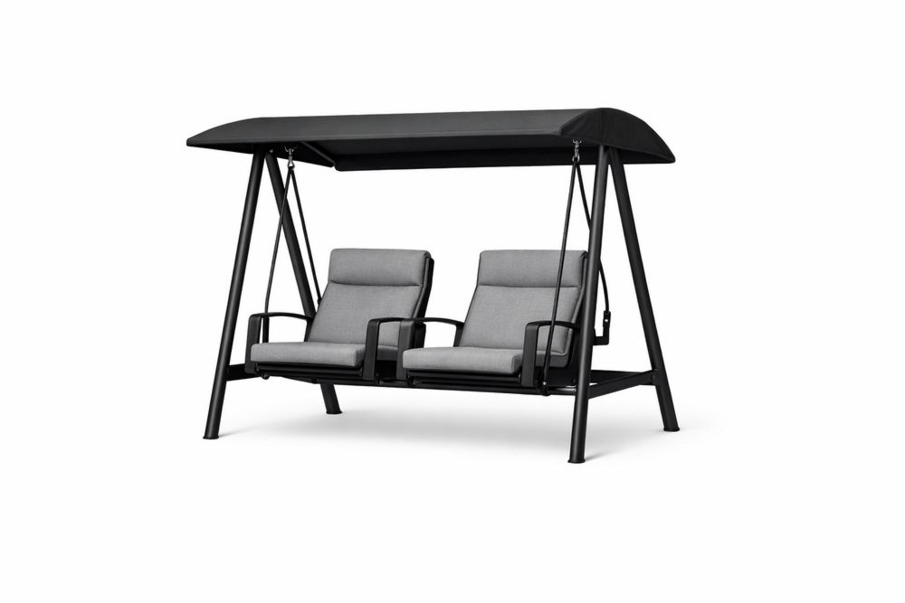 Steel Double Seat Outdoor Swing Chair with Adjustable Canopy in Black and Gray