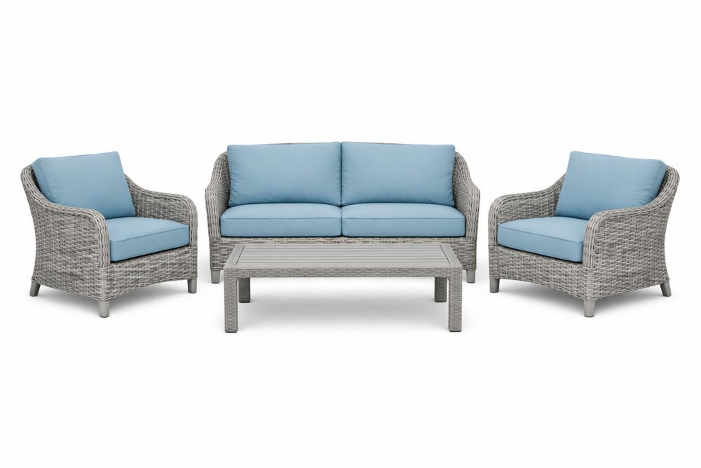 4-Piece Outdoor Patio Furniture Set with Wicker Sofa and Blue Cushions