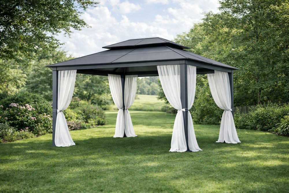 Black Aluminum Gazebo with Steel Roof and Curtains 300cm x 300cm x 260cm