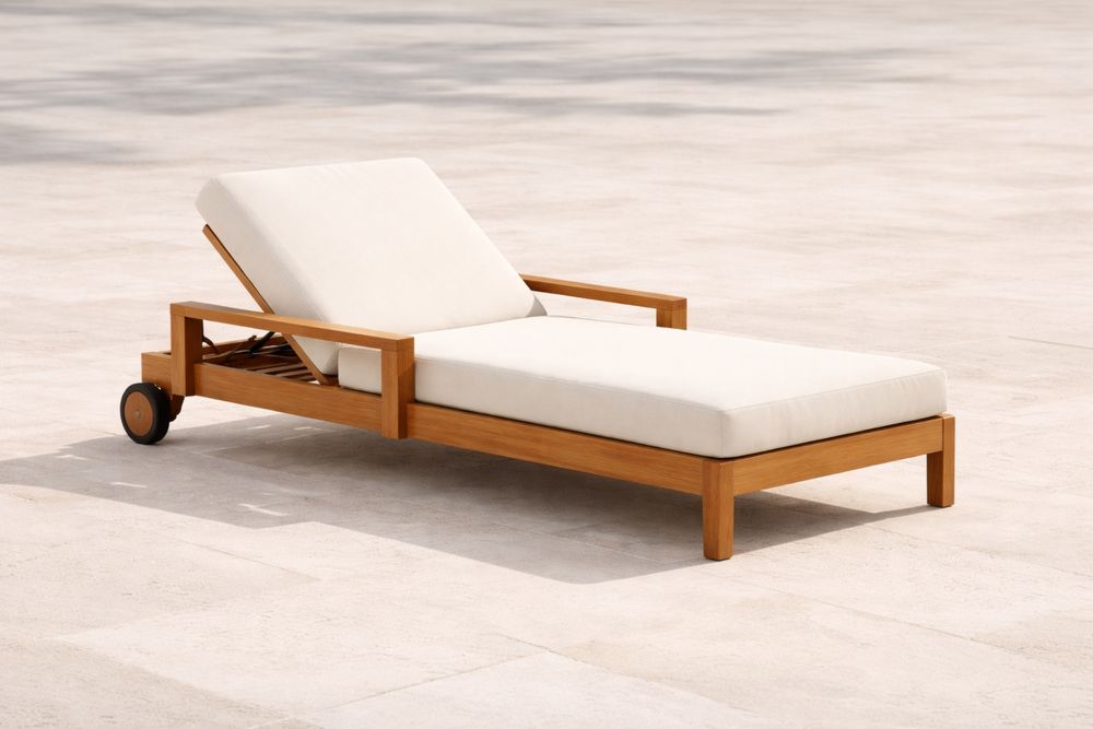 Teak Wood Outdoor Lounger with Adjustable Backrest and Cream Polyester Cushions