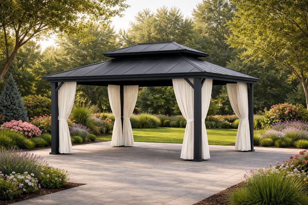 Outdoor Steel Gazebo with Double Tier Roof and Curtains