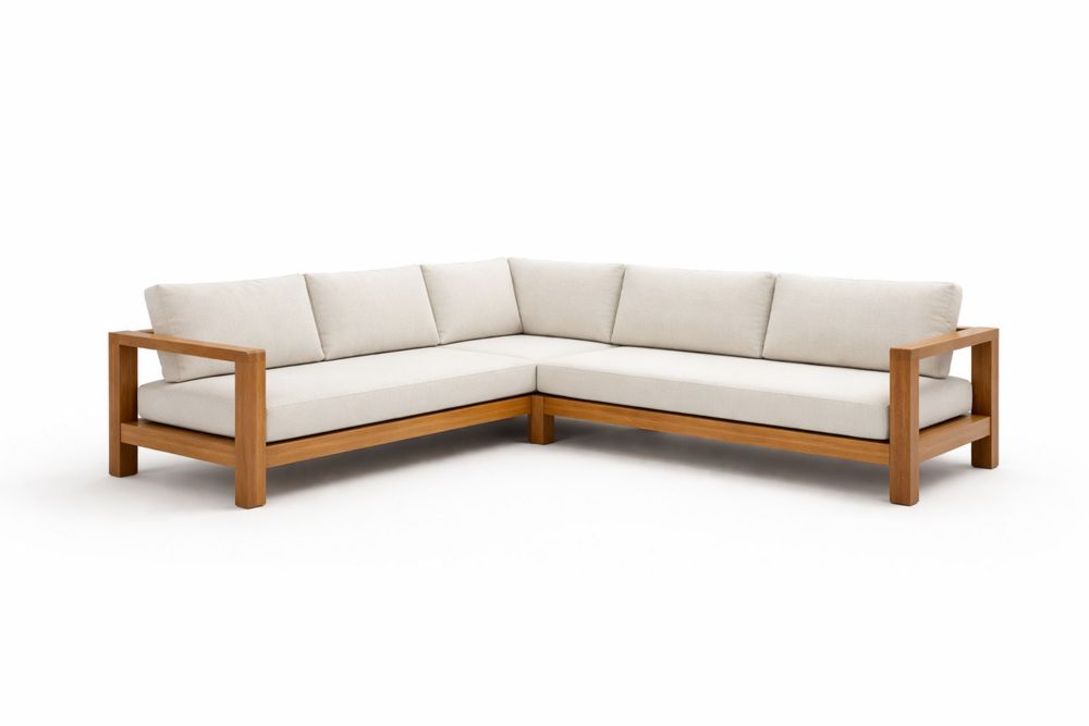 Teak Wood Frame L-Shaped Sofa with Beige Polyester Cushions