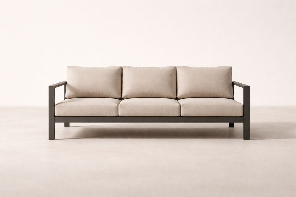 Outdoor Sofa Steel Frame with Beige Polyester Cushions 3-Seater