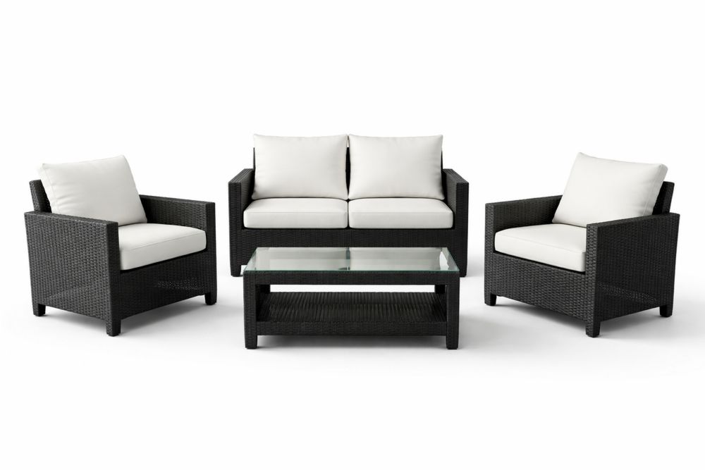 4-Piece Outdoor Patio Furniture Set Black Wicker with White Cushions