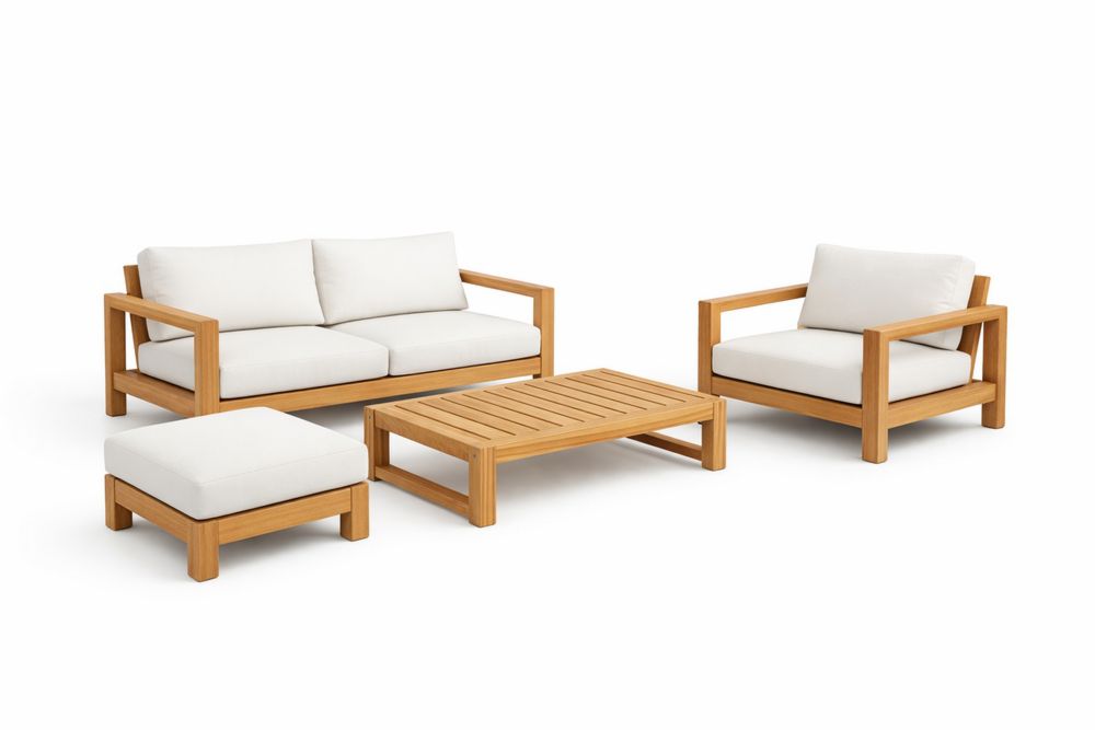 Teak Wood Outdoor Furniture Set with White Cushions