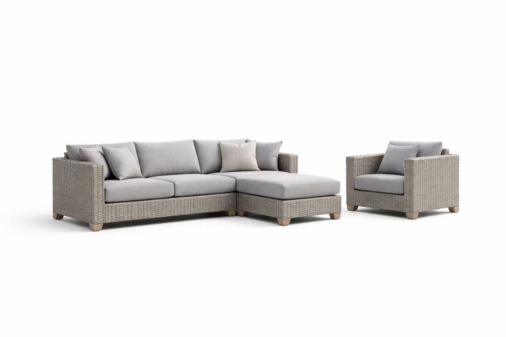 Gray Wicker Sectional Sofa and Armchair Set with Polyester Cushions