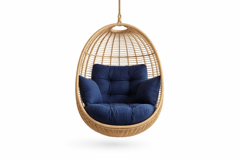 Hanging Egg Chair with Wicker Frame and Blue Polyester Cushions