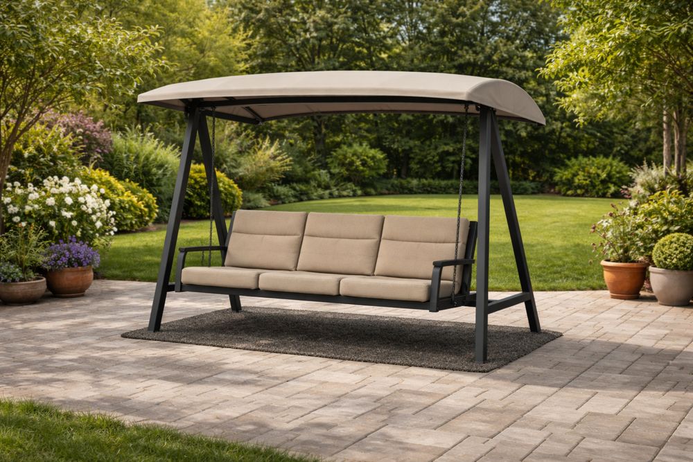 Outdoor Steel Frame Swing Chair with Canopy and Beige Cushions