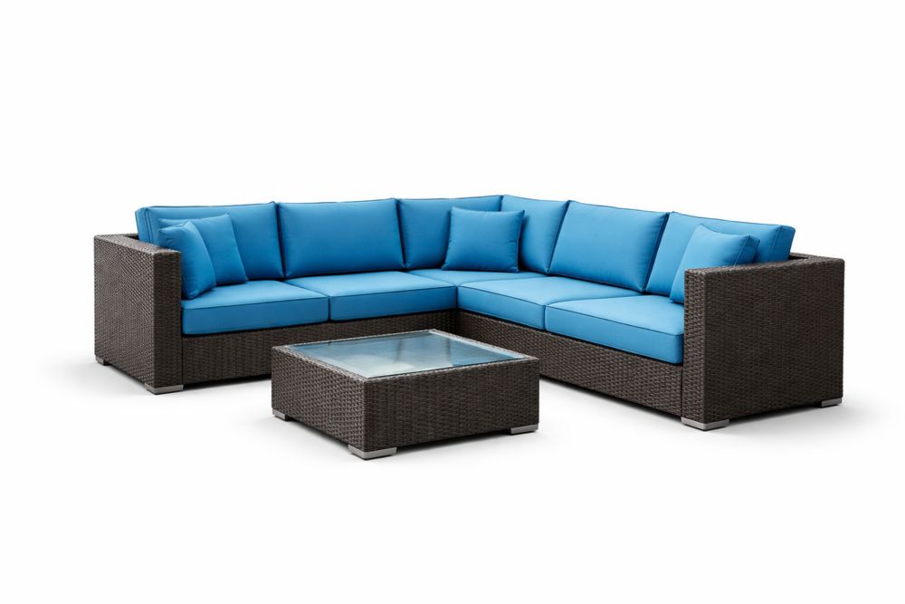 Outdoor Patio Sectional Sofa Set with Glass Top Coffee Table in Blue Cushions PE Rattan Wicker