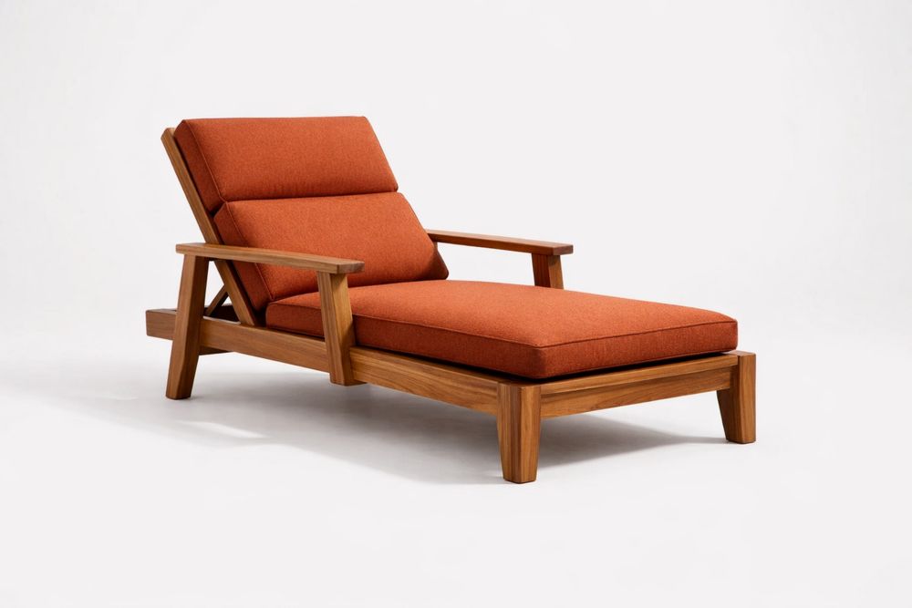 Teak Wood Chaise Lounge with Orange Polyester Cushions