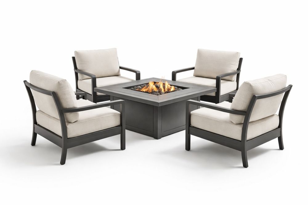 Aluminum Outdoor Furniture Set with Fire Pit Table Beige Cushions
