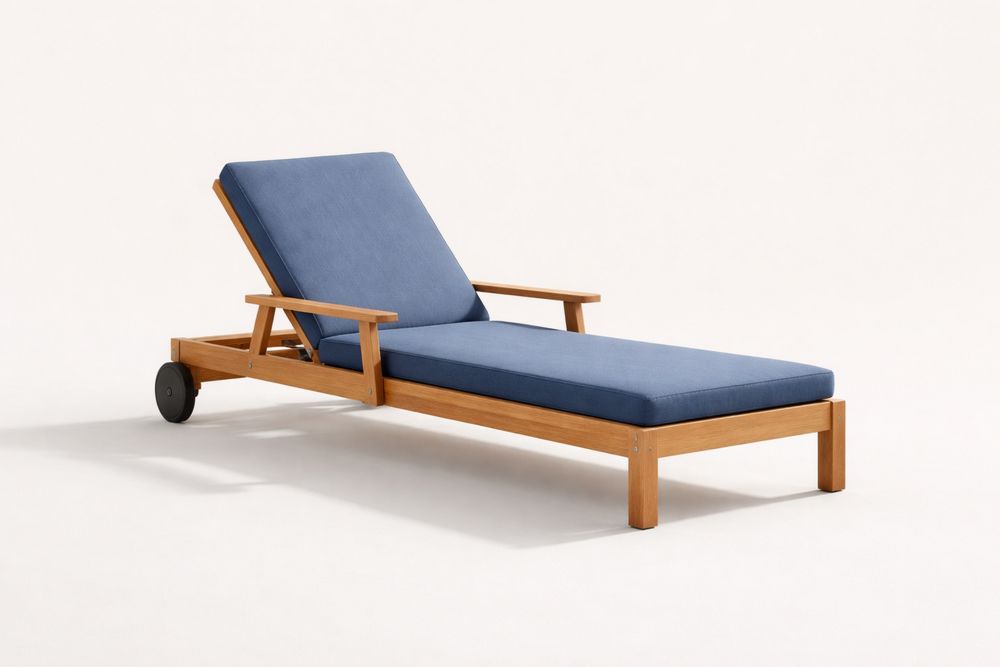 Solid wood Outdoor Chaise Lounge with Blue Cushions