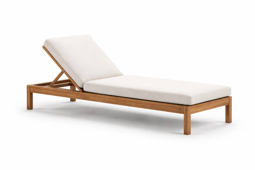 Teak Wood Chaise Lounge with White Polyester Cushions