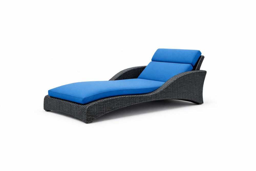 Wicker Chaise Lounge Chair with Blue Cushions and Adjustable Backrest