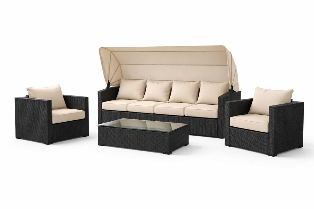 Outdoor Patio Furniture Set Black Wicker Sofa and Armchairs with Glass Top Coffee Table Beige Cushions