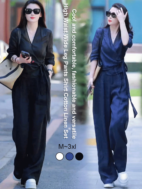 High waist wide leg pants shirt cotton and linen suit