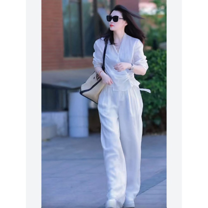 High waist wide leg pants shirt cotton and linen suit