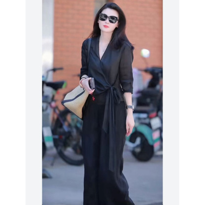 High waist wide leg pants shirt cotton and linen suit