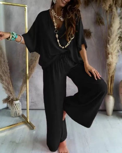 V-neck bat sleeve loose wide-leg pants suit
