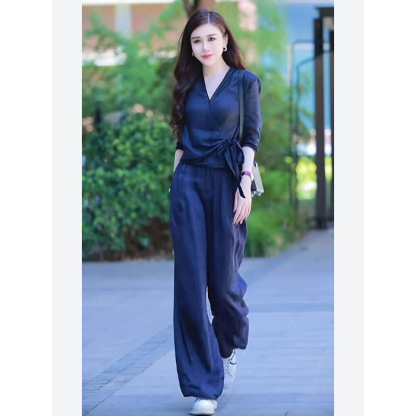 High waist wide leg pants shirt cotton and linen suit