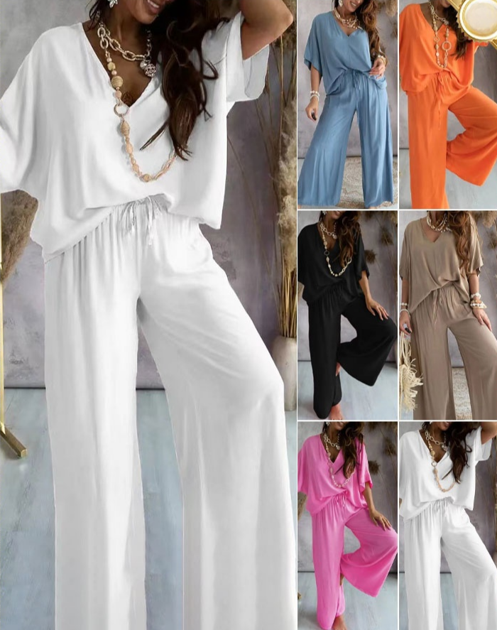 V-neck bat sleeve loose wide-leg pants suit
