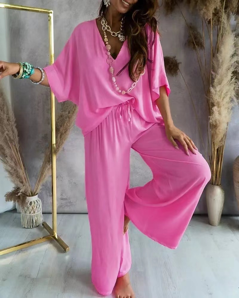 V-neck bat sleeve loose wide-leg pants suit