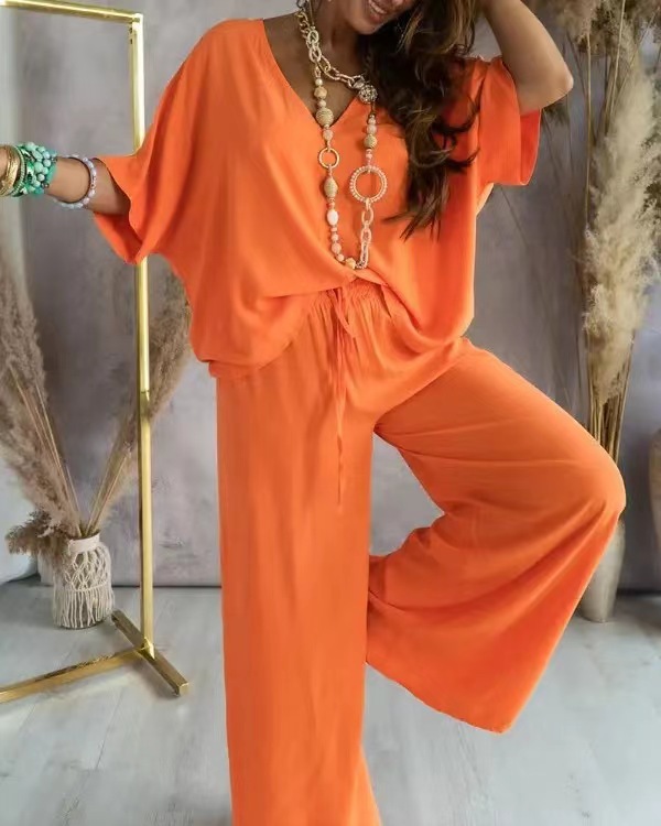 V-neck bat sleeve loose wide-leg pants suit