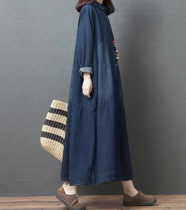 Korean Style Loose Matching Pure Color Denim Long-sleeve Dress