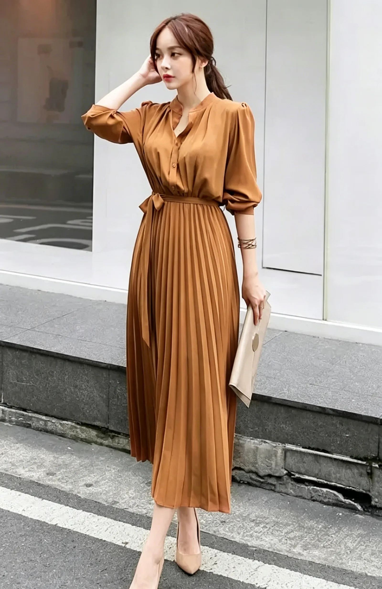 Chiffon Long-Sleeved Pleated Dress