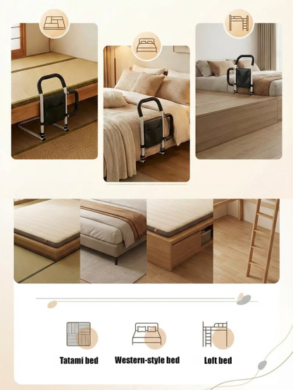 No-installation bedside handrail/grab bar for elderly people to assist with getting up.