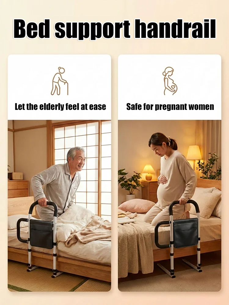 No-installation bedside handrail/grab bar for elderly people to assist with getting up.
