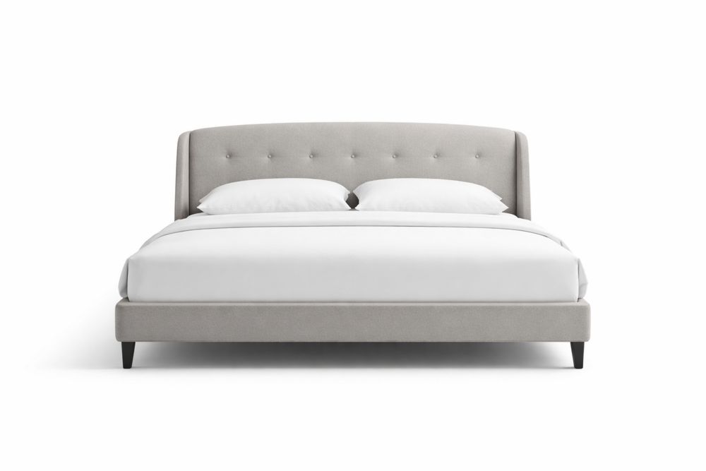 King Size Grey Polyester Upholstered Bed Frame with Tufted Headboard and Oak Legs