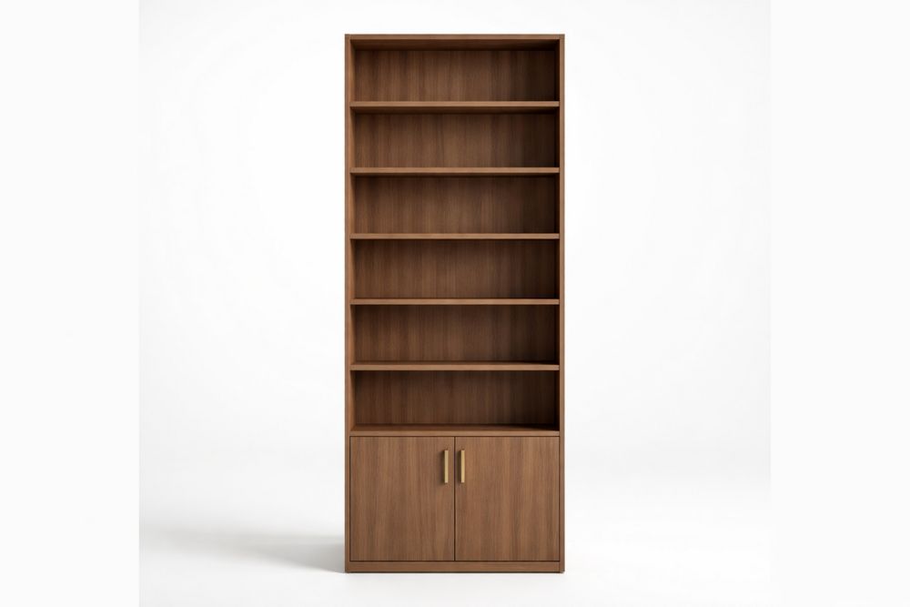 Tall Wood Bookcase with Cabinet Walnut Finish 6 Shelves Height 214cm