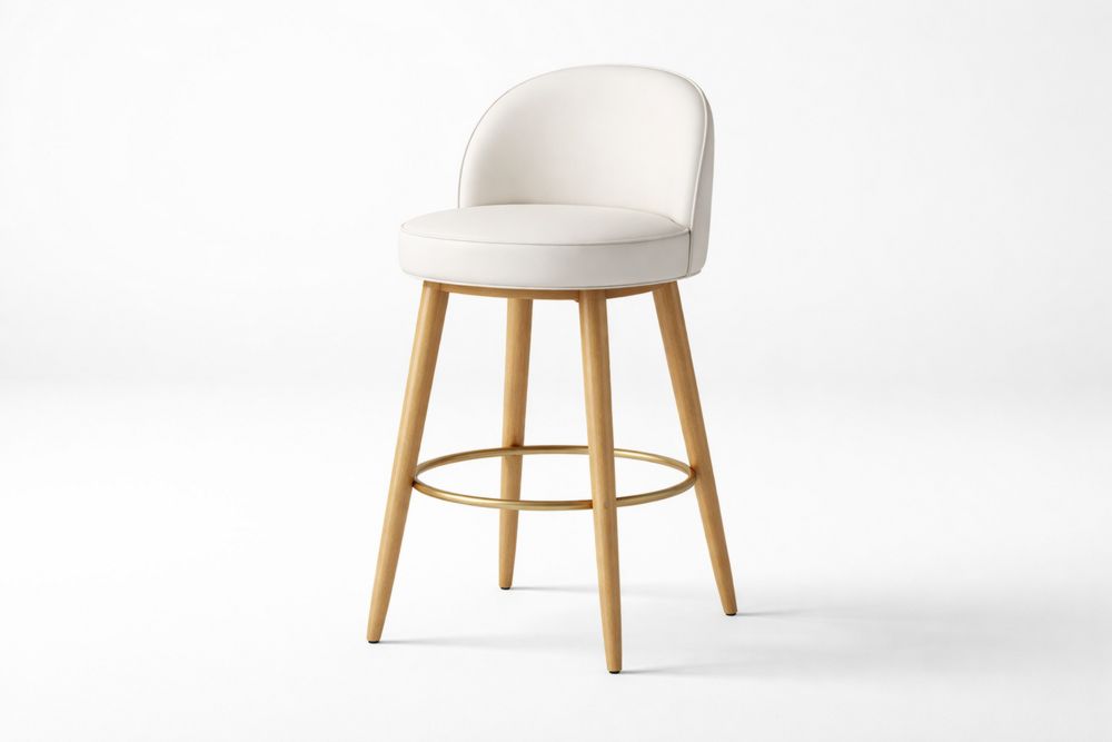 White PU Leather Bar Stool with Solid Wood Legs and Footrest