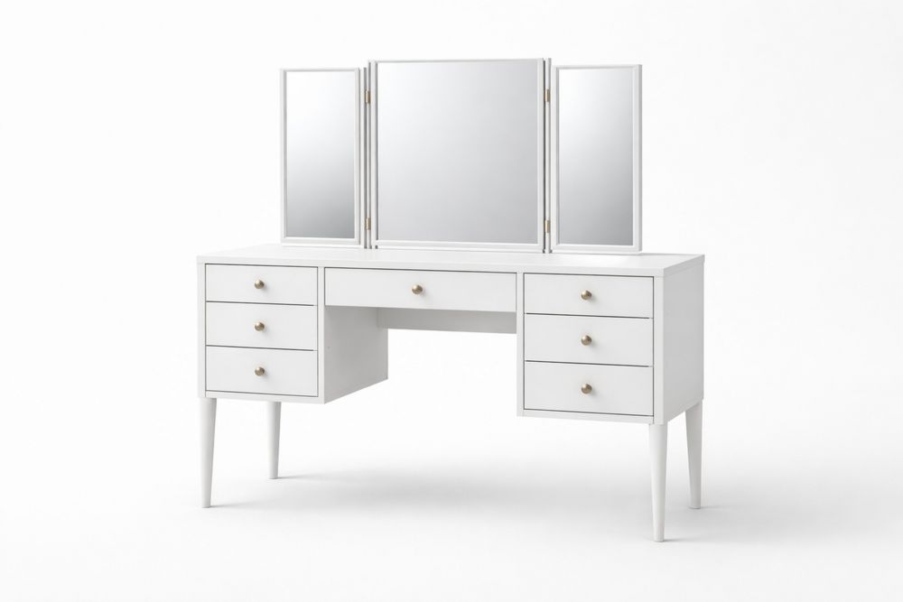 White MDF Wood Vanity Table with Tri-Fold Mirror and Seven Drawers