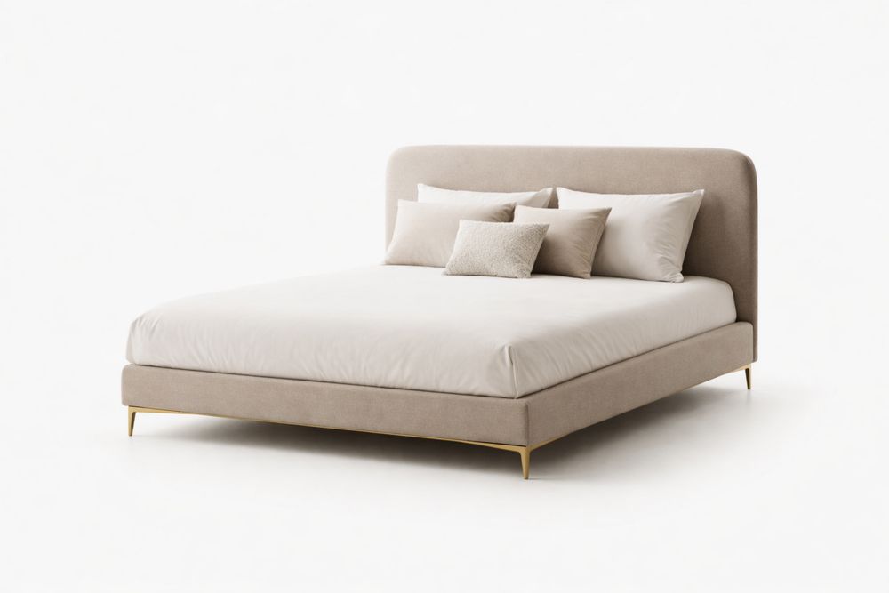 Upholstered King Bed with Linen Blend Fabric and Steel Legs, Beige