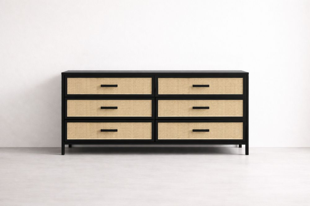 Black Solid Wood Rattan Six-Drawer Chest