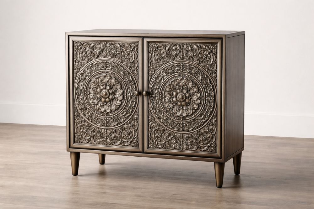 Vintage Brown Solid Wood Cabinet with Embossed Aluminum Doors
