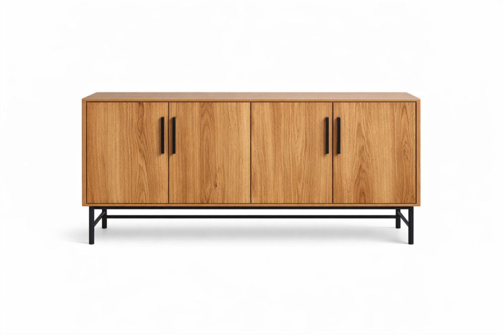 Oak Veneer Sideboard with Steel Legs 4-Door